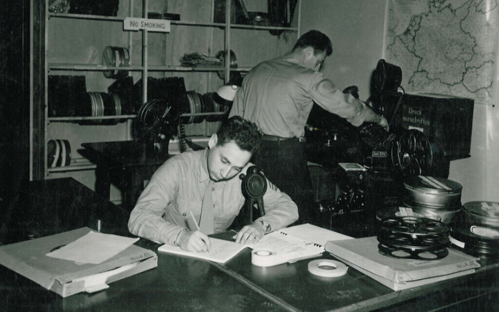 Stuart Schulberg (foreground) and Bob Webb in the Nuremberg cutting room, 1945. (Courtesy of Lilo Balto)