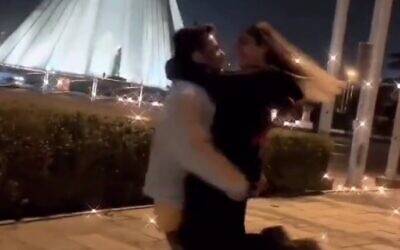 Screen capture from video of Astiyazh Haghighi and her fiance Amir Mohammad Ahmadi dancing in public 
in Tehran, Iran. They were sentenced to ten years in prison for the video. (Twitter; used in accordance with Clause 27a of the Copyright Law)