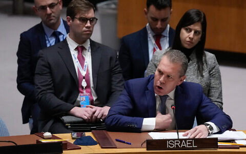 Gilad Erdan, Israeli Ambassador to the United Nations, speaks during a Security Council meeting at United Nations headquarters, January 5, 2023. (AP Photo/Seth Wenig)