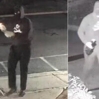 Surveillance footage shows a masked man hurling a Molotov cocktail at Temple Ner Tamid in New Jersey on January 29, 2023. (Bloomfield Police Department)