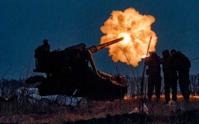 Ukrainian soldiers fire a Pion artillery system at Russian positions near Bakhmut, Donetsk region, Ukraine, December 15, 2022. (AP Photo/Libkos)