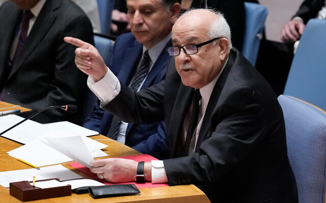 Riyad Mansour, Palestinian representative to the United Nations, speaks during a Security Council meeting at United Nations headquarters, January 5, 2023. (AP Photo/Seth Wenig)