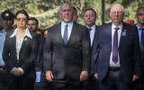From left: Supreme Court President Esther Hayut, Prime Minister Benjamin Netanyahu and then-President Reuven Rivlin during a memorial service marking 23 years since the assassination of Prime Minister Yitzhak Rabin, at Mount Herzl cemetery in Jerusalem, October 21, 2018. (Marc Israel Sellem/Pool)