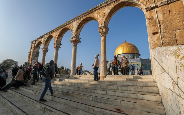 Tourists visit at the Temple Mount in Jerusalem, January 3, 2023. (Jamal Awad/Flash90)