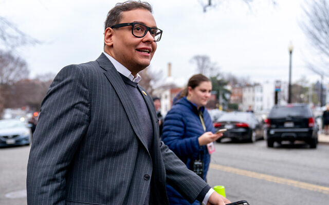 US House Representative George Santos leaves a House GOP conference meeting on Capitol Hill in Washington, January 25, 2023. (AP Photo/Andrew Harnik)
