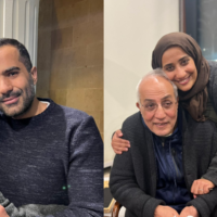 Composite photo showing Mariam Thabet hugging her brother Seif el-Din Thabet (left) and father Safwan Thabet following their release from Egyptian prison. (Twitter photo screenshots: used in accordance with Clause 27a of the Copyright Law)
