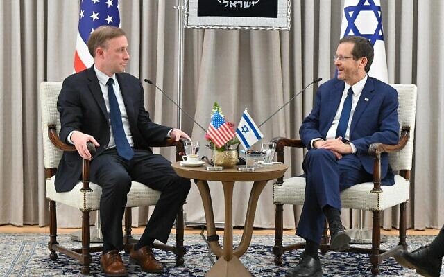 US National Security Adviser Jake Sullivan meets with President Isaac Herzog in Jerusalem, January 18, 2023. (Kobi Gideon/GPO)