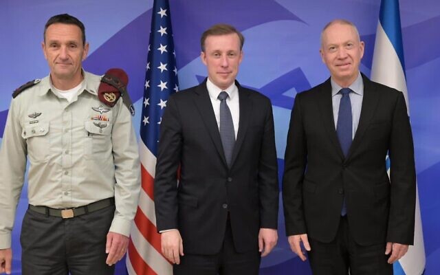 Left to right: IDF Chief of Staff Herzi Halevi, US National Security Adviser Jake Sullivan and Defense Minister Yoav Gallant, at a meeting at the Prime Minister's Office in Jerusalem on January 19, 2023. (Miri Shimonovich/GPO)