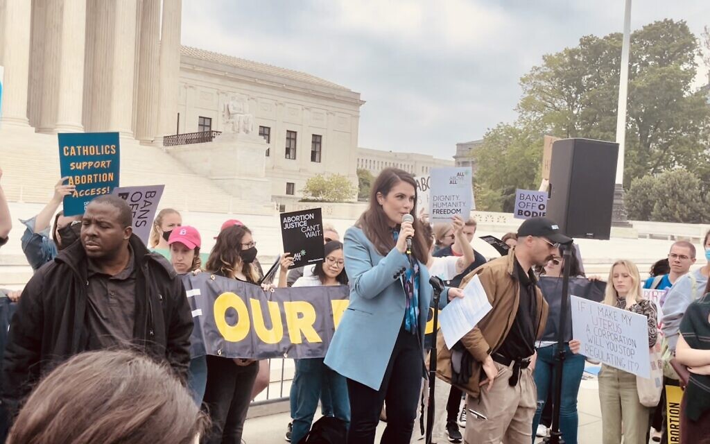 Sheila Katz, CEO of National Council of Jewish Women, speaking at an interfaith rally in front of the Supreme Court on January 18, 2023. (Courtesy of NCJW)