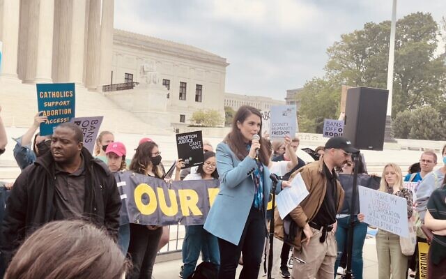 Sheila Katz, CEO of National Council of Jewish Women, speaking at an interfaith rally in front of the Supreme Court on January 18, 2023. (Courtesy of NCJW)