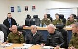 Prime Minister Benjamin Netanyahu (center) and Defense Minister Yoav Gallant (2nd right) during a visit to the military's Northern Command in Safed, January 10, 2023. (Amos Ben Gershom/GPO)