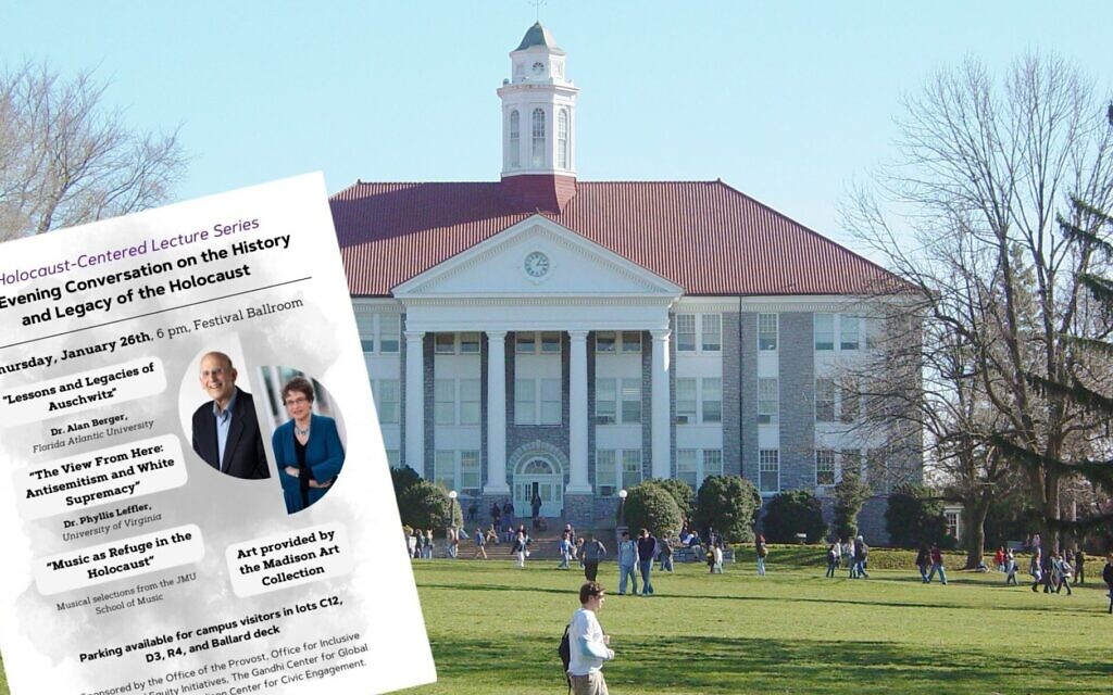 A flyer distributed by James Madison University showed the agenda of a Holocaust-related event that Jewish faculty members objected to. (Flyer via JTA/JMU campus photo CC BY-SA 3.0/ Ben Schumin)