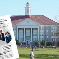 A flyer distributed by James Madison University showed the agenda of a Holocaust-related event that Jewish faculty members objected to. (Flyer via JTA/JMU campus photo CC BY-SA 3.0/ Ben Schumin)