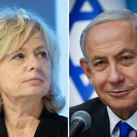 Left: Attorney General Gali Baharav-Miara at her welcome ceremony in Jerusalem on February 8, 2022. (Yonatan Sindel/Flash90). Right: Prime Minister Benjamin Netanyahu at the Prime Minister's Office in Jerusalem, on January 11, 2023. (Olivier Fitoussi/Flash90)