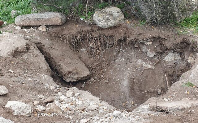 Damage to an ancient wine press at the Soger archaeological site in the Galilee region, January 29, 2023. (Reuven Kapol/Israel Antiquities Authority)