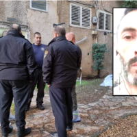 A combination of images showing Shalev Korostishevsky, 50, and police officers outside an apartment building in Petah Tikva where Korostishevsky was allegedly stabbed and then set on fire. (Israel Police)