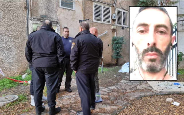 A combination of images showing Shalev Korostishevsky, 50, and police officers outside an apartment building in Petah Tikva where Korostishevsky was allegedly stabbed and then set on fire. (Israel Police)