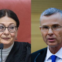 Supreme Court President Esther Hayut (L) arrives for a court hearing at the Supreme Court in Jerusalem, on January 5, 2023; Justice Minister Yariv Levin holds a press conference at the Knesset in Jerusalem, on January 4, 2023. (Flash 90)