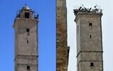 This combination of pictures created on February 6, 2023, shows a picture taken on July 3, 2016, showing the minaret of the mosque inside of the UNESCO-listed citadel, in the regime-controlled northern Syrian city of Aleppo (L) and a picture taken on February 6, 2023, of the same tower following an earthquake (AFP)
