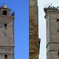 This combination of pictures created on February 6, 2023, shows a picture taken on July 3, 2016, showing the minaret of the mosque inside of the UNESCO-listed citadel, in the regime-controlled northern Syrian city of Aleppo (L) and a picture taken on February 6, 2023, of the same tower following an earthquake (AFP)