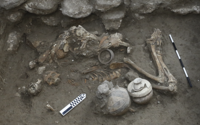 The remains of two brothers at Tel Megiddo from more than 3,500 years ago during the 2016 excavation in northern Israel. (Courtesy: Megiddo expedition)