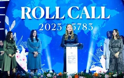 Esther Hecht, the emissary to Auckland, New Zealand, speaks at the annual conference for Chabad women emissaries in New Jersey, February 2023. (Courtesy of Chabad via JTA)