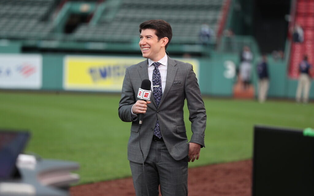 Jeff Passan on the set of 'Baseball Tonight' during the 2021 AL Wild Card game at Fenway Park. (Allen Kee/ESPN Images via JTA)