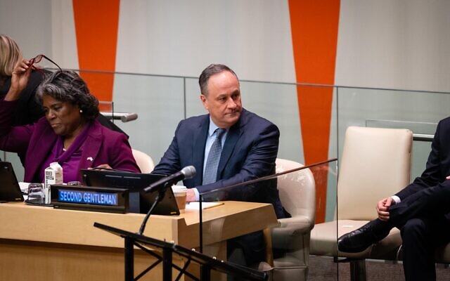 US Second Gentleman Douglass Emhoff speaks at the UN in New York, February 9, 2023. (Luke Tress/Times of Israel)