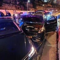 The scene after a man who refused to stop at Jerusalem car theft checkpoint was shot by police, February 4, 2023 (Israel Police)