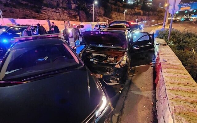The scene after a man who refused to stop at Jerusalem car theft checkpoint was shot by police, February 4, 2023. (Israel Police)