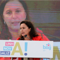 Ana Miranda speaks at a rally in Coruña, Spain, July 10, 2020. (Cristina Andina/Getty Images)