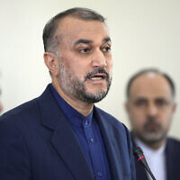 Iranian Foreign Minister Hossein Amirabdollahian speaks in a press briefing in Tehran, Iran, January 29, 2023. (Vahid Salemi/AP)