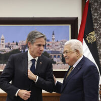 U.S. Secretary of State Antony Blinken, left, meets with Palestinian leader Mahmoud Abbas in the West Bank town of Ramallah, Tuesday, January 31, 2023. (Ronaldo Schemidt/Pool via AP)