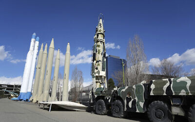 Iran's domestically built missiles and satellite carriers are displayed in a permanent exhibition at a recreational area in northern Tehran, Iran, February 3, 2023. (AP Photo/Vahid Salemi)