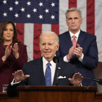 US President Joe Biden delivers the State of the Union address to a joint session of Congress at the U.S. Capitol, Tuesday, Feb. 7, 2023, in Washington, as Vice President Kamala Harris and House Speaker Kevin McCarthy of Calif., applaud. (AP/Jacquelyn Martin, Pool)