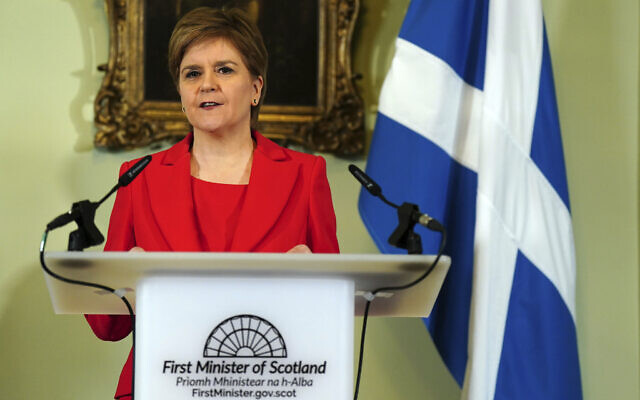 Nicola Sturgeon speaks during a press conference at Bute House in Edinburgh, Wednesday, Feb. 15 2023. Sturgeon has resigned as first minister of Scotland following months of controversy over a law that makes it simpler for people to change their gender on official documents. Sturgeon led the country's devolved government and the Scottish National Party for eight years. (Jane Barlow/Pool photo via AP)
