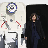 US Vice President Kamala Harris arrives for the Munich Security Conference at the airport in Munich, Germany, February 16, 2023. (Angelika Warmuth/dpa via AP)