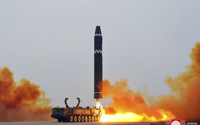 This photo provided by the North Korean government, shows what it says a test launch of a Hwasong-15 intercontinental ballistic missile at Pyongyang International Airport in Pyongyang, North Korea Saturday, Feb. 18, 2023. Independent journalists were not given access to cover the event depicted in this image distributed by the North Korean government. The content of this image is as provided and cannot be independently verified. Korean language watermark on image as provided by source reads: KCNA which is the abbreviation for Korean Central News Agency. (Korean Central News Agency/Korea News Service via AP)