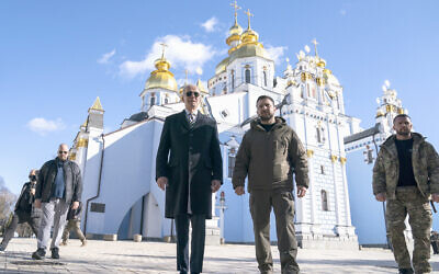 US President Joe Biden (left) walks with Ukrainian President Volodymyr Zelensky at St. Michael's Golden-Domed Cathedral on a surprise visit to Kyiv, Ukraine, February 20, 2023. (AP/Evan Vucci)