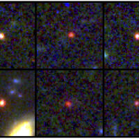 Images of six candidate massive galaxies, seen 500-800 million years after the Big Bang. One of the sources (bottom left) could contain as many stars as our present-day Milky Way, but is 30 times more compact. (NASA via AP)
