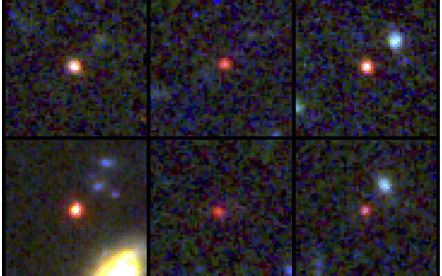 Images of six candidate massive galaxies, seen 500-800 million years after the Big Bang. One of the sources (bottom left) could contain as many stars as our present-day Milky Way, but is 30 times more compact. (NASA via AP)