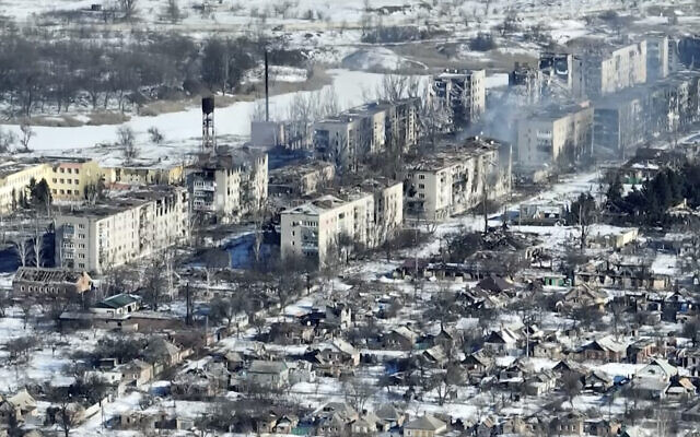 New video footage of Bakhmut shot from the air with a drone for The Associated Press shows how the longest battle of the year-long Russian invasion has turned the city of salt and gypsum mines in eastern Ukraine into a ghost town. The footage was shot February 13. (AP Photo)