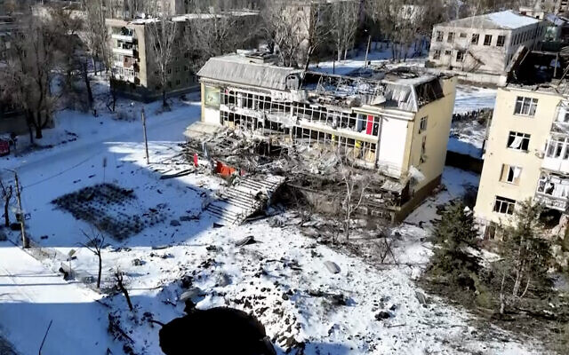 New video footage of Bakhmut shot from the air with a drone for The Associated Press shows how the longest battle of the year-long Russian invasion has turned the city of salt and gypsum mines in eastern Ukraine into a ghost town. The footage was shot February 13, 2023. (AP Photo)