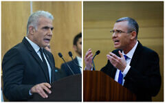 Yesh Atid chair Yair Lapid (L) speaks during a joint press conference with fellow opposition party head at the Knesset on February 13, 2023. Justice Minister Yariv Levin holds a press conference at the Knesset on January 4, 2023. (Olivier Fitoussi, Yonatan Sindel/Flash90)