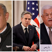 Prime Minister Benjamin Netanyahu (L), US Secretary of State Antony Blinken (C), and Palestinian Authority President Mahmoud Abbas. (Collage/AP)
