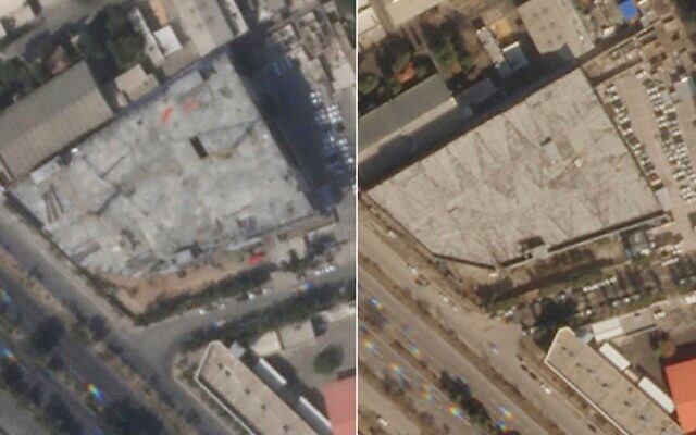 This composite image shows an Iranian military workshop before (left, October 11, 2022) and after (right, February 3, 2023) a drone strike in Isfahan, Iran. (Planet Labs PBC via AP)