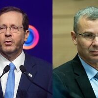 Composite image. Left: President Isaac Herzog at the Ashmoret conference in Tel Aviv, January 24, 2023. (Avshalom Sassoni/Flash90)
Right: Justice Minister Yariv Levin in attendance at a hearing of the Knesset Constitution, Law and Justice Committee, January 11, 2023. (Yonatan Sindel/Flash90)