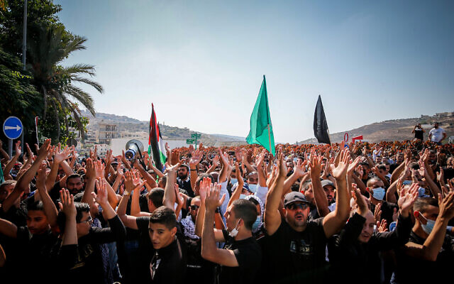 Illustrative: Arab Israelis protest against violence, organized crime and recent killings among their communities, in the Arab town of Umm al-Fahm, October 22, 2021.(Jamal Awad/Flash90)