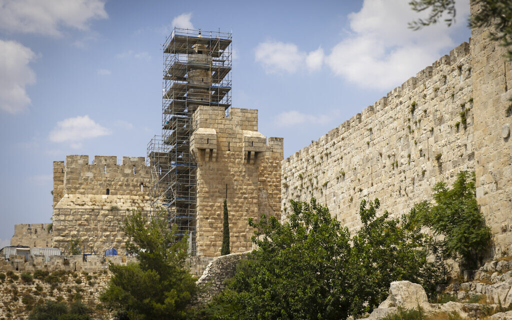 Restoration work at the Tower of David, near the Jaffa Gate entrance in the Old City of Jerusalem, June 23, 2022. (Olivier Fitoussi/Flash90)