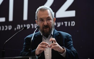 Former prime minister Ehud Barak speaks at a conference in Tel Aviv, November 5, 2022. (Tomer Neuberg/Flash90)